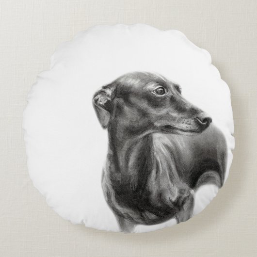 グレイハウンド炭スケッチ ラウンドクッション (正面)