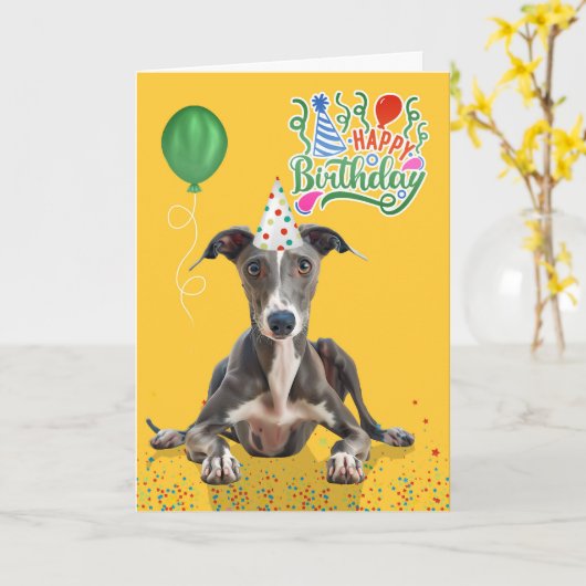 グレイハウンド犬パーティーハット イエロー 誕生日 カード (黄色い花)