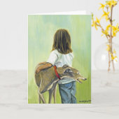 "グレイハウンド"犬のを持つ女の子芸術の挨拶状 カード (黄色い花)