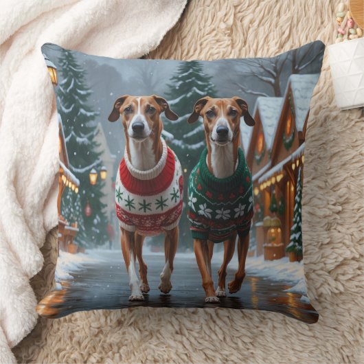 グレイハウンド 犬 クリスマス 雪 冬の休日 クッション (ブランケット)