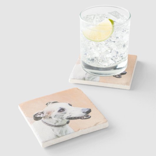 グレイハウ絵画ンドのかわいいオリジナルの犬アート ストーンコースター (横)