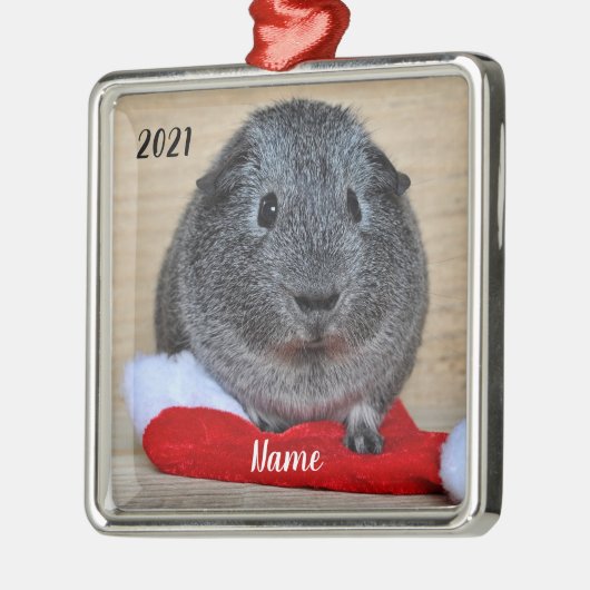 グレイパーソナライズされたギニアピグサンタハット メタルオーナメント (左)