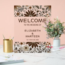 グレイブラウンリーフパターンオータムウェディング アクリルサイン