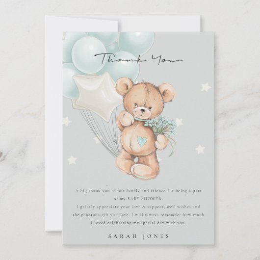 グレイブルーベアーリーウェイバルーンベビーシャワー サンキューカード (正面)
