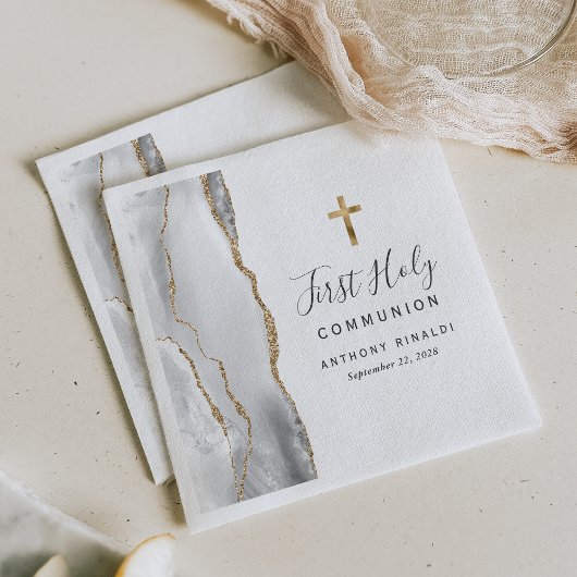 グレイホワイト金ゴールドアゲート最初の聖餐式 スタンダードカクテルナプキン