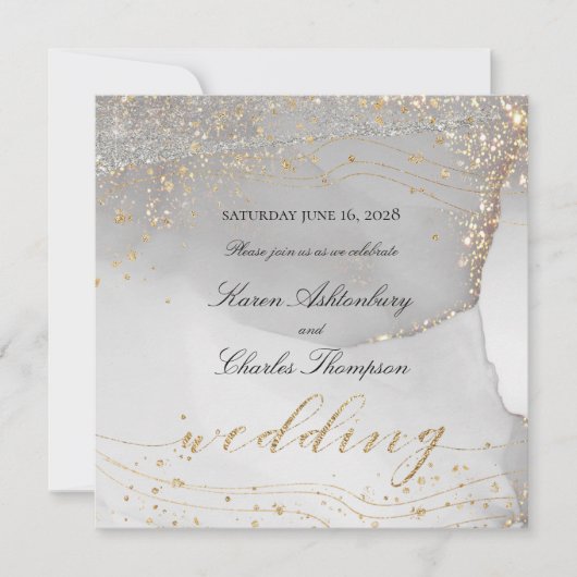 グレイホワイト金ゴールドエレガントオきらめくデッセイ結婚ズ 招待状 (正面)