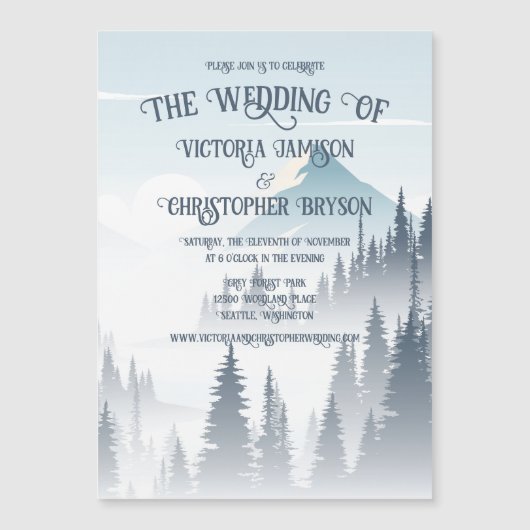 グレイマウンテンフォグフォレストワイルドネスウィンターウェディング マグネット招待状 (正面)