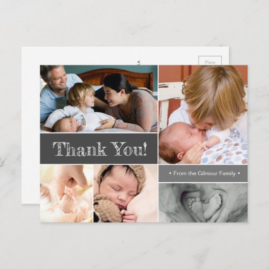 グレイモダンありがとうセカンドベビー写真 案内ポストカード (正面/裏面)