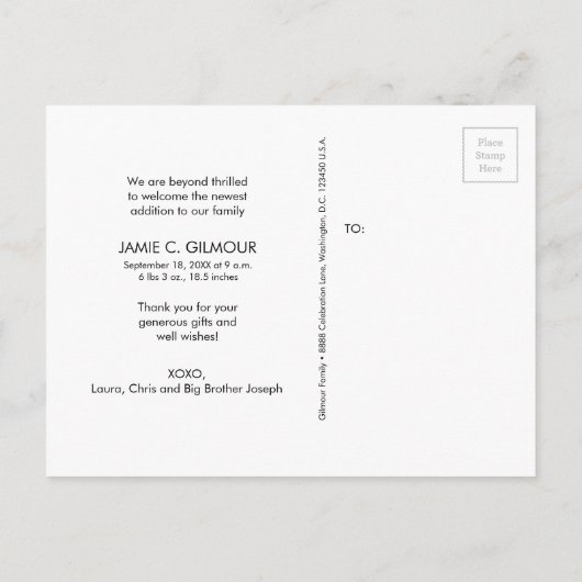 グレイモダンありがとうセカンドベビー写真 案内ポストカード (裏面)