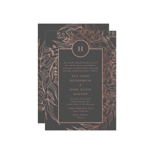 グレイモダンアイアン鉱石バラ金ゴールドモノグラムリース 招待状 (正面/裏面インサイチュ)