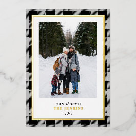 グレイモダンバッファロープレイドクリスマスツーフォト 箔シーズンカード