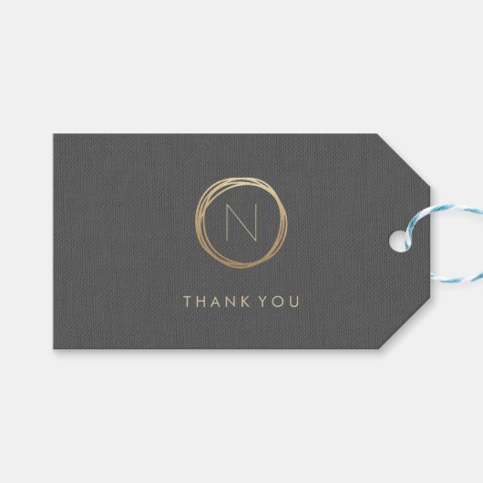 グレイモダンリネンエレガント金ゴールドモノグラムサンキュー ギフトタグ (正面(横))