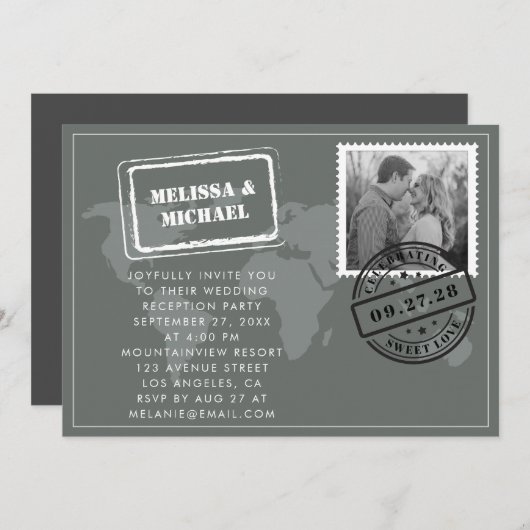 グレイワールドマップデスティネーションウェディング披露宴 招待状 (正面/裏面)