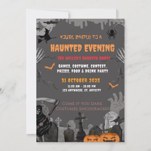 グレイ不気味マンシ幽霊のよく出るョンテーマハローウィンパーティ 招待状 (正面)