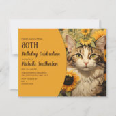 グレイ猫イエローサンフラワーズ80誕生日 招待状 (正面)