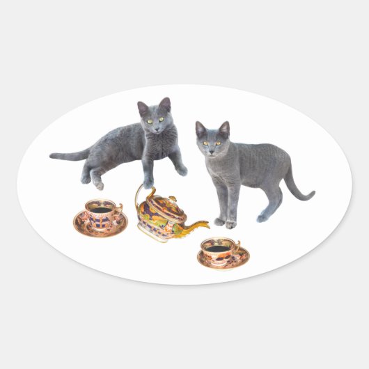 グレイ猫ティーパーティーシール 楕円形シール (正面)