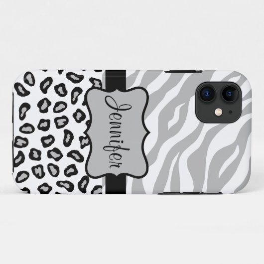 グレイ白黒ゼブラヒョウ名パーソナライズされた Case-Mate iPhoneケース (裏面(横))