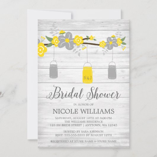 グレイ素朴イエローメイソンジャーブランチブライダルシャワー 招待状 (正面)