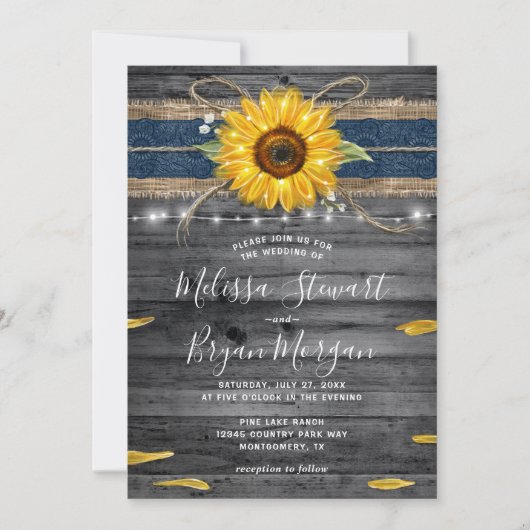 グレイ素朴ウッドネイビーブルーレースサンフラワー結婚ズ 招待状 (正面)