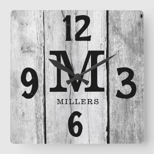 グレイ素朴ウッドファミリーネームモノグラムファームハウス スクエア壁時計 (正面)