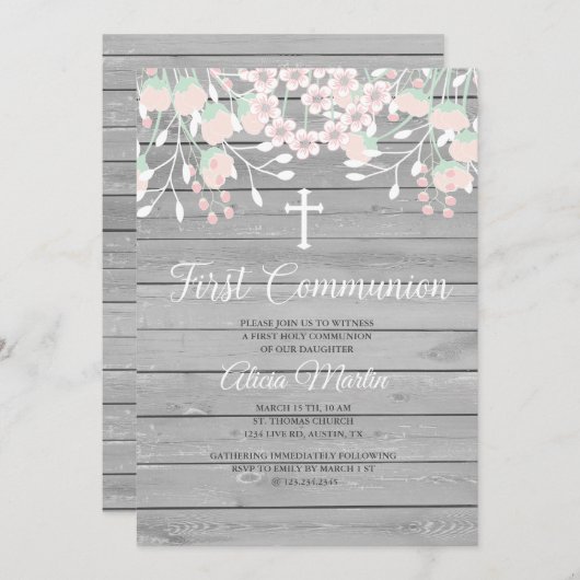 グレイ素朴ウッドフローラ最初のコミュニティの招待 招待状 (正面/裏面)