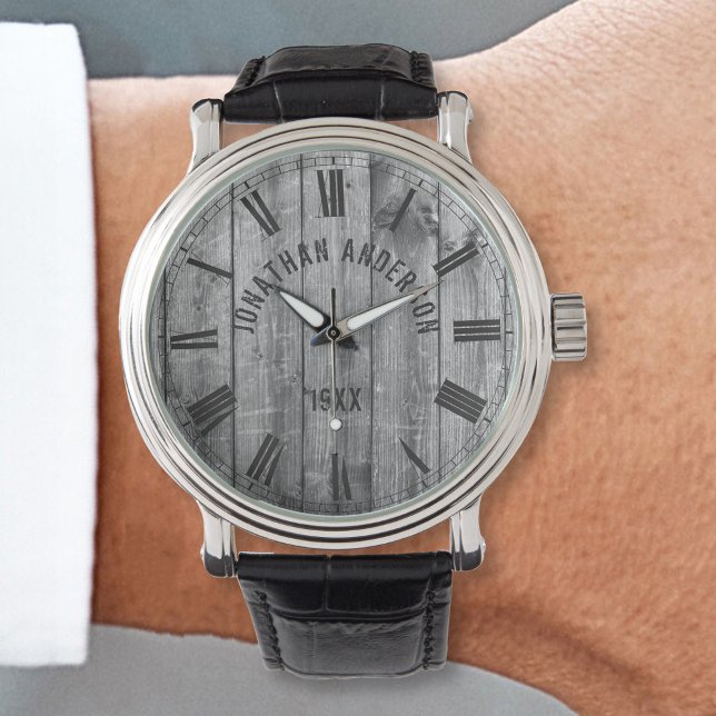 グレイ素朴ウッド名前をカスタムするファームハウス 腕時計 (クリエイターアップロード済み)