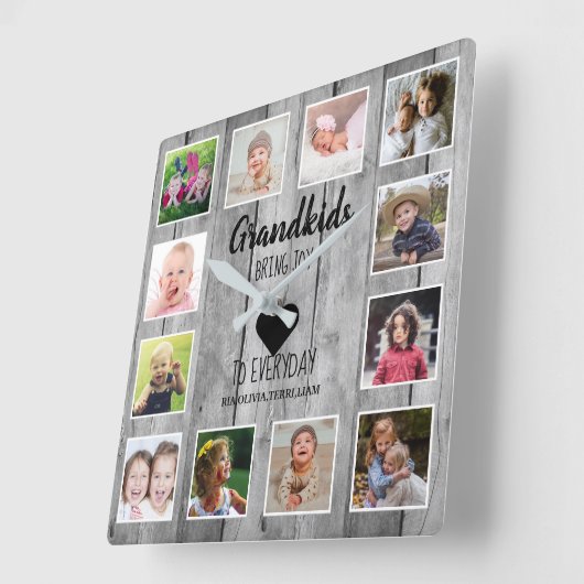 グレイ素朴ウッド12フォトコラージュグランドキッズ引用文 スクエア壁時計 (傾斜)