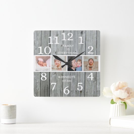グレイ素朴ウッド4フォトファミリー引用文ファームハウス スクエア壁時計 (ホーム)