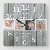 グレイ素朴ウッド4フォトファミリー引用文ファームハウス スクエア壁時計 (正面)