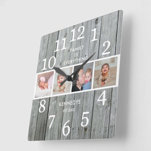 グレイ素朴ウッド4フォトファミリー引用文ファームハウス スクエア壁時計 (傾斜)