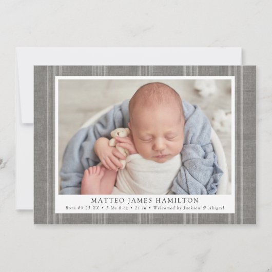 グレイ素朴ファームハウスリネンストライプズ写真誕生 案内状 (正面)