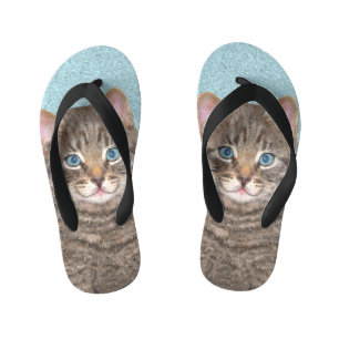 グレイ絵画タビーキャットかわいいオリジナルキャットアート キッズビーチサンダル