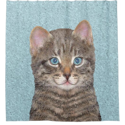 グレイ絵画タビーキャットかわいいオリジナルキャットアート シャワーカーテン (正面)