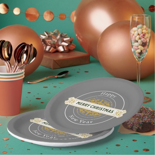 グレイ クリスマス&ニューイヤー ペーパープレート (複数)