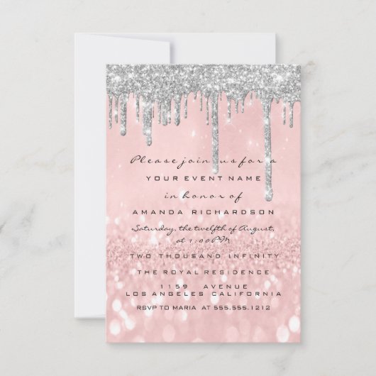 グレイ グリッター ドリップス シルバー ローズ ブライダル スウィート 16th 招待状 (正面)