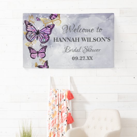 グレイ ゴールド パープル バタフライ エレガント ブライダルシャワー 横断幕 (インサイチュ)