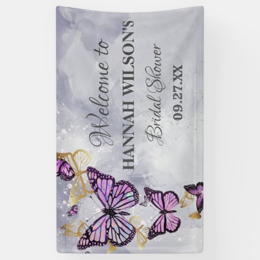 グレイ ゴールド パープル バタフライ エレガント ブライダルシャワー 横断幕 (縦)