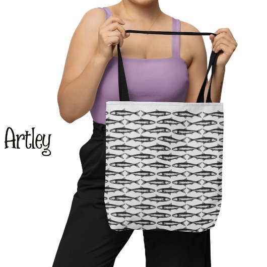 グレイ・サーディン・アート・パターン・フィッシュ・スケッチ トートバッグ