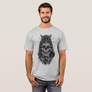 グレイ・スカル・オウル・タトゥーローズ Tシャツ