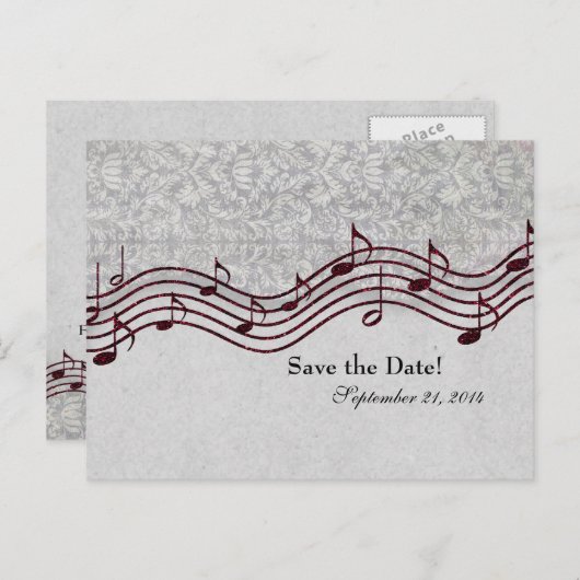 グレイ・ダマスク・レッド・ミュージック日付を保存 案内ポストカード (正面/裏面)