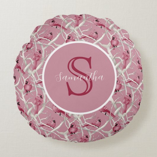 グレイ ピンク カーディナル 鳥 パーソナライズ モノグラム ラウンドクッション (正面)