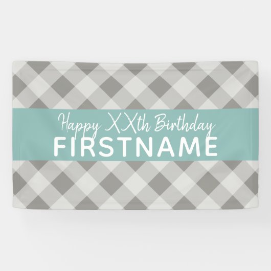 グレイ&ブルー素朴バッファロープレイド誕生日パーティー 横断幕 (横)