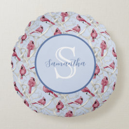 グレイ ブルー カーディナル 鳥 パーソナライズ モノグラム ラウンドクッション