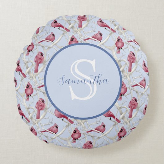 グレイ ブルー カーディナル 鳥 パーソナライズ モノグラム ラウンドクッション (正面)