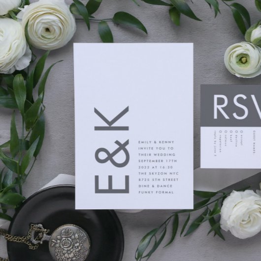 グレイ プレミアム アルティメット モダン モノグラム ボールド ファン 招待状