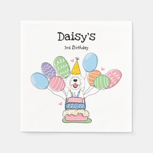 グレイ&ホワイトシェパドールバースデーパーティー紙 スタンダードカクテルナプキン (正面)