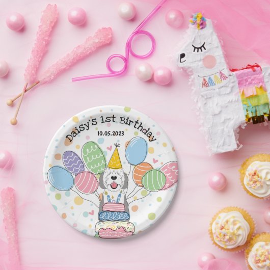 グレイ&ホワイトシーパドールドッグ誕生日 ペーパープレート (パーティー)