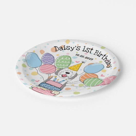 グレイ&ホワイトシーパドールドッグ誕生日 ペーパープレート (アングル)