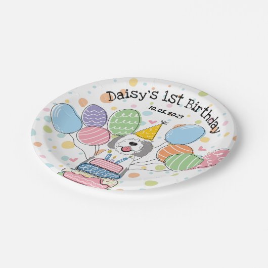 グレイ&ホワイトシーパドールドッグ誕生日 ペーパープレート (アングル)