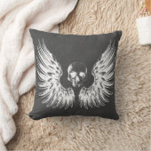 グレイ&ホワイトロックエンジェルウィングススカル クッション (ブランケット)